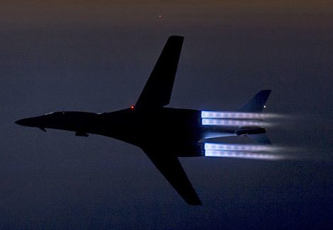 A U.S. Air Force B-1B Lancer supersonic bomber flies over northern Iraq after conducting air strikes in Syria